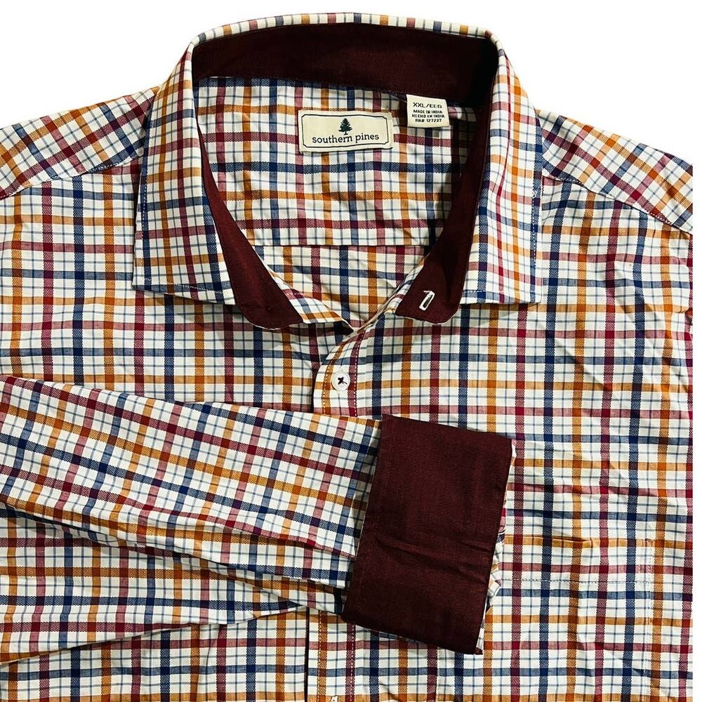 Southern Pines Garnet,Blue,Gold,White Plaid Button Up Flip Cuff Long‎ Sleeve XXL